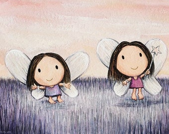 Dress Ups - Dressing up art as a cute fairy. Imagination art of sisters playing. Little girls gift for sisters playroom. Pretend fairy fun.