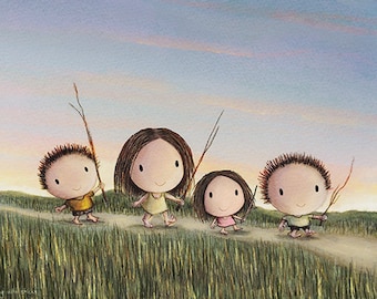 Walking with Sticks. 2 Girls & 2 Boys version. Cute wall décor of kids playing with sticks. Artwork of a make believe childhood adventure.