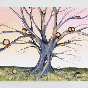 family tree - family wall decor of children playing and tree climbing. A cute print tracing the genealogy and ancestors of a family reunion.