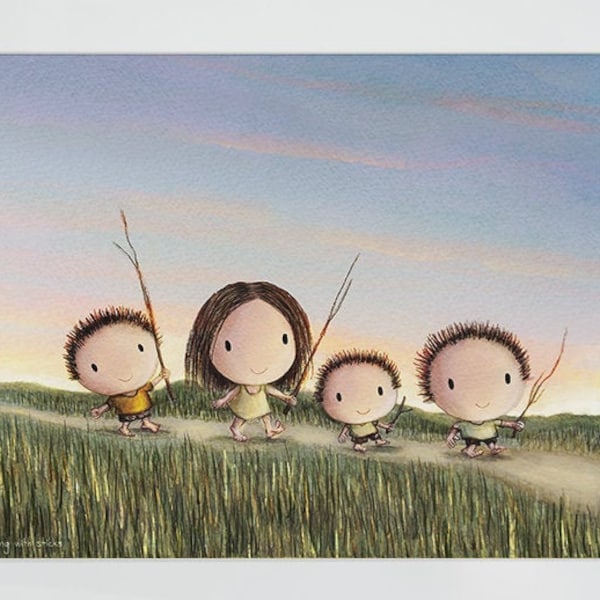 Walking with Sticks. 3 Boys & 1 Girl. Cute wall décor of kids outside playing with sticks. Artwork of a make believe childhood adventure.