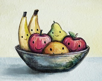 Still Life with Happiness. A cute still life of fruit art. In a happy kitchen one finds an art print of a cute fruit bowl. That's a fact.