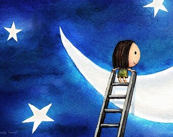 C'è nessuno in casa? Decorazione da parete con stelle e luna, raffigurante una ragazza carina che fa visita all'uomo sulla luna. Decorazione murale con ragazza kawaii su una scala verso la luna.