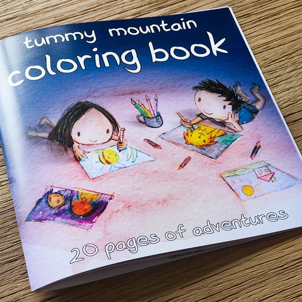 tummy mountain coloring book. A cute gift for those who like to color in the adventures of these children. Gift ideas for coloring book