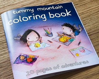 tummy mountain coloring book. A cute gift for those who like to color in the adventures of these children. Gift ideas for coloring book