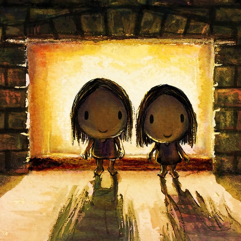 Warming up. Winter art of two sisters keeping warm by the fire. Winter wall décor of cute girls by the fireplace being all snug and cozy. image 5