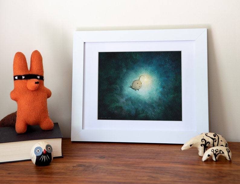 A Light in the Dark Cute angler fish print. Wall Decor full of hope, happiness, & encouragement. Kawaii fish art of a happy sea monster. zdjęcie 6