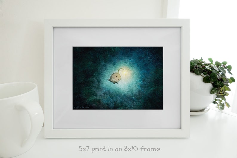 A Light in the Dark Cute angler fish print. Wall Decor full of hope, happiness, & encouragement. Kawaii fish art of a happy sea monster. zdjęcie 3