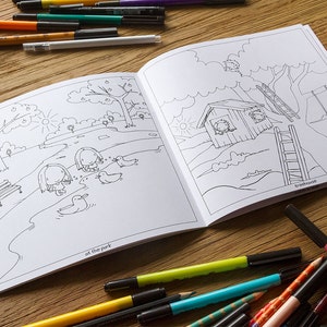 tummy mountain coloring book. A cute gift for those who like to color in the adventures of these children. Gift ideas for coloring book image 4