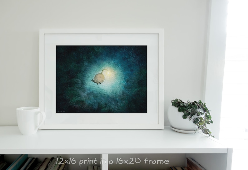 A Light in the Dark Cute angler fish print. Wall Decor full of hope, happiness, & encouragement. Kawaii fish art of a happy sea monster. image 5