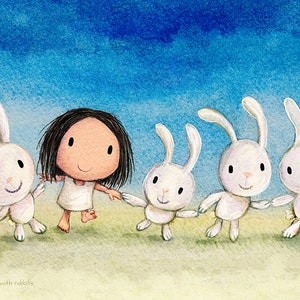 Balla con i conigli. Una stampa di coniglietti piena di caos danzante. Decorazione murale artistica per la sala giochi di una ragazzina carina che balla con conigli felici. immagine 2
