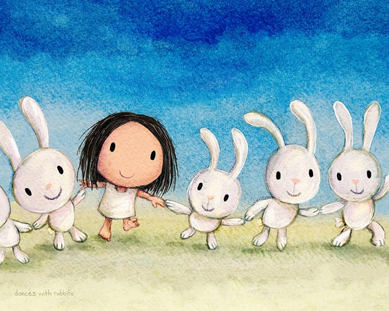 Balla con i conigli. Una stampa di coniglietti piena di caos danzante. Decorazione murale artistica per la sala giochi di una ragazzina carina che balla con conigli felici. immagine 2