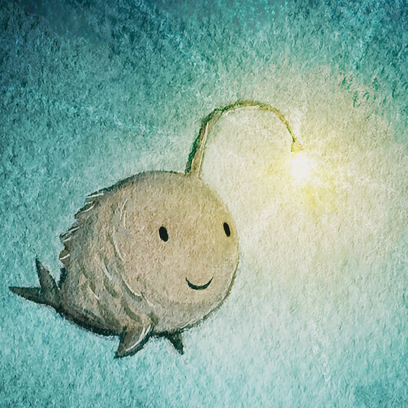 A Light in the Dark Cute angler fish print. Wall Decor full of hope, happiness, & encouragement. Kawaii fish art of a happy sea monster. image 2
