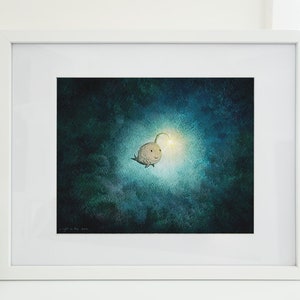 A Light in the Dark Cute angler fish print. Wall Decor full of hope, happiness, & encouragement. Kawaii fish art of a happy sea monster. zdjęcie 8