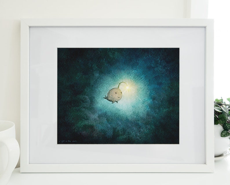 A Light in the Dark Cute angler fish print. Wall Decor full of hope, happiness, & encouragement. Kawaii fish art of a happy sea monster. zdjęcie 8