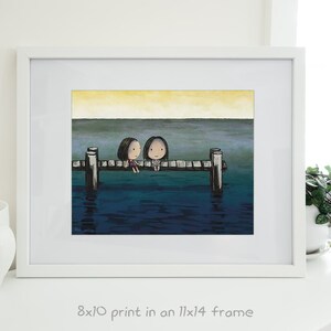 The Jetty. Friendship artwork of a wee girl comforting her friend. I hope she feels better. Sad kawaii artwork of cute girls on an old pier. 8 x 10 inches