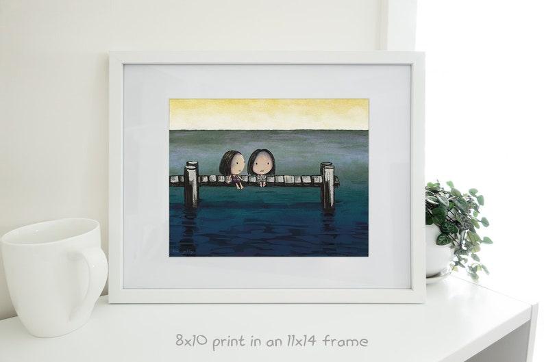 The Jetty. Friendship artwork of a wee girl comforting her friend. I hope she feels better. Sad kawaii artwork of cute girls on an old pier. 8 x 10 inches
