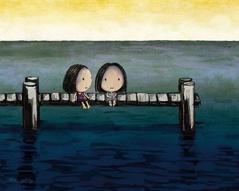 The Jetty. Friendship artwork of a wee girl comforting her friend. I hope she feels better. Sad kawaii artwork of cute girls on an old pier. image 1