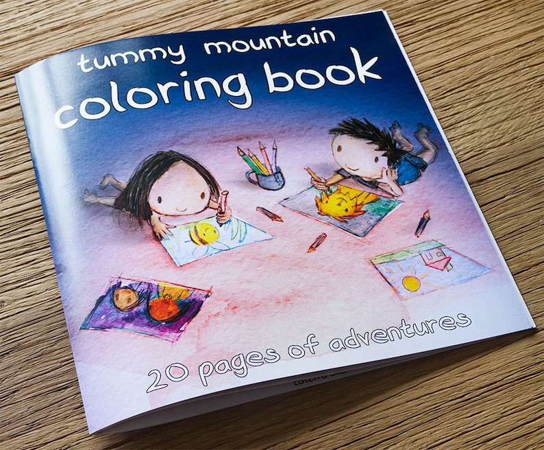 tummy mountain coloring book. A cute gift for those who like to color in the adventures of these children. Gift ideas for coloring book image 1