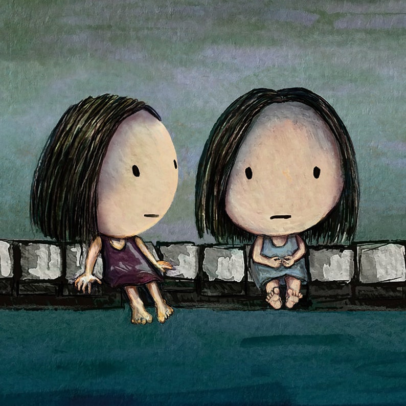 The Jetty. Friendship artwork of a wee girl comforting her friend. I hope she feels better. Sad kawaii artwork of cute girls on an old pier. image 5