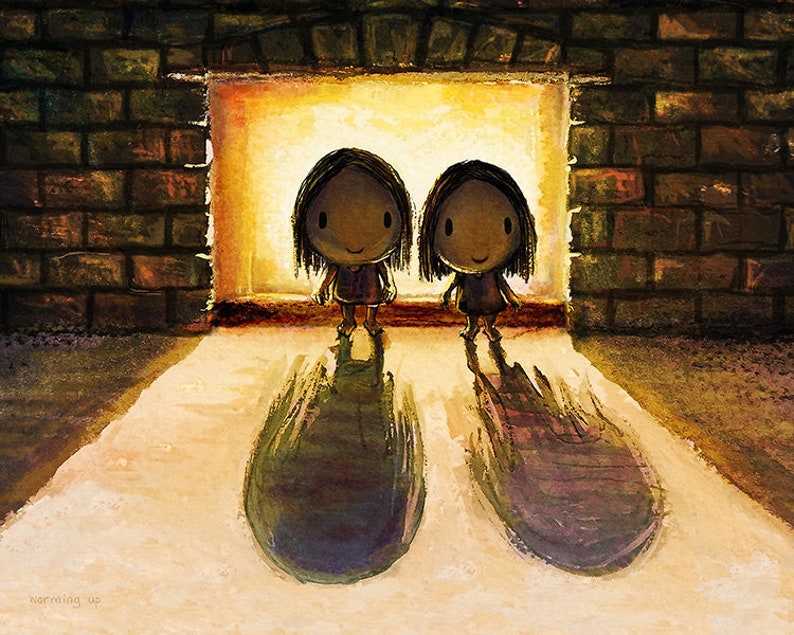 Warming up. Winter art of two sisters keeping warm by the fire. Winter wall décor of cute girls by the fireplace being all snug and cozy. image 1