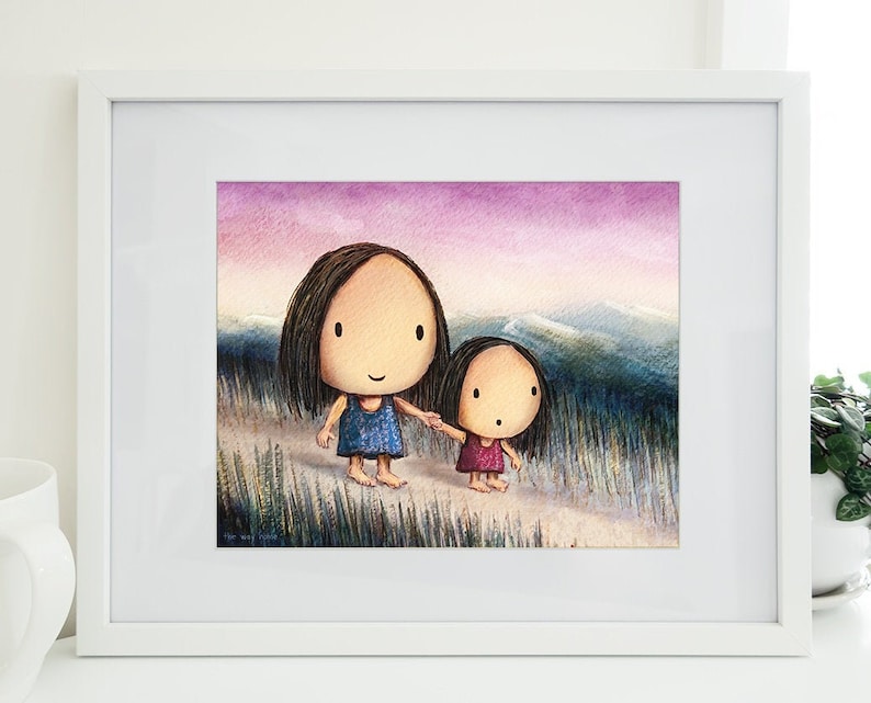 The Way Home. Cute wall décor of a mother and daughter walking together on their way home. An artwork featuring holding hands and walking image 1