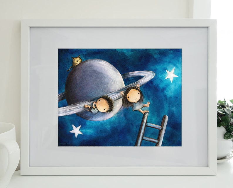 Hanging Out Astronomy art of a cute boy and girl on the planet Saturn. Cute couple kawaii wall décor. Chilling out in space with a cat image 1