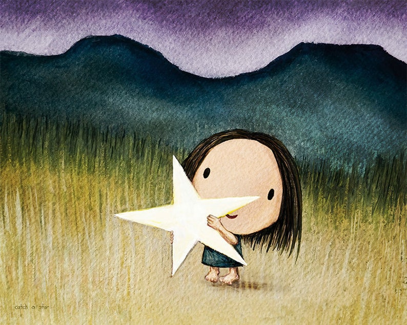 Catch a Star. Catch a falling star Wall Décor of a child with a star. It's a cute little girl print. So sweet and Kawaii Can she keep it image 1