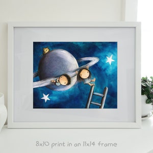 Hanging Out Astronomy art of a cute boy and girl on the planet Saturn. Cute couple kawaii wall décor. Chilling out in space with a cat 8 x 10 inches