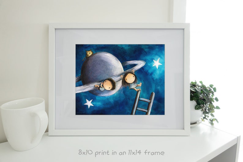 Hanging Out Astronomy art of a cute boy and girl on the planet Saturn. Cute couple kawaii wall décor. Chilling out in space with a cat 8 x 10 inches