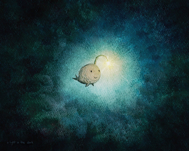 A Light in the Dark Cute angler fish print. Wall Decor full of hope, happiness, & encouragement. Kawaii fish art of a happy sea monster. zdjęcie 1