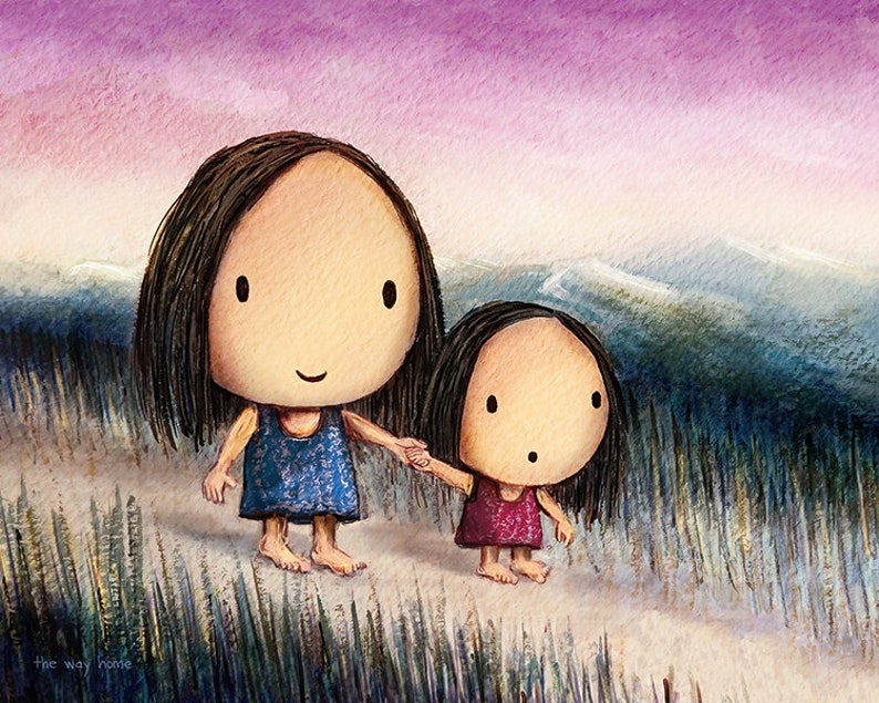The Way Home. Cute wall décor of a mother and daughter walking together on their way home. An artwork featuring holding hands and walking image 2