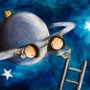 Hanging Out Astronomy art of a cute boy and girl on the planet Saturn. Cute couple kawaii wall décor. Chilling out in space with a cat image 2