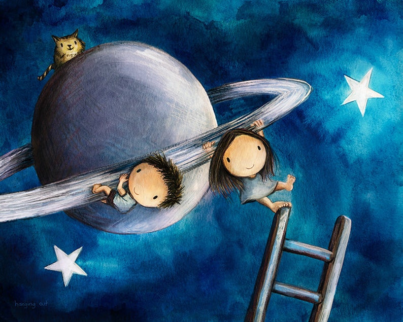 Hanging Out Astronomy art of a cute boy and girl on the planet Saturn. Cute couple kawaii wall décor. Chilling out in space with a cat image 2