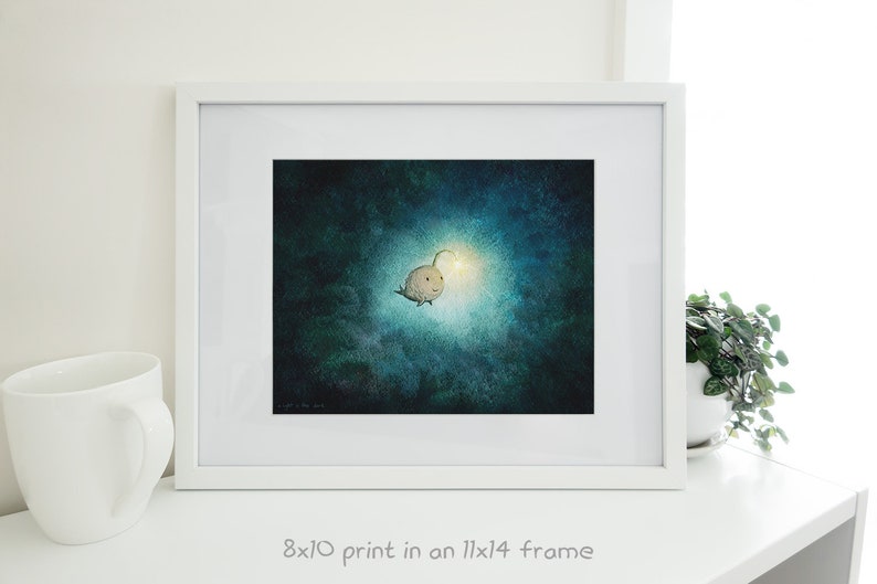 A Light in the Dark Cute angler fish print. Wall Decor full of hope, happiness, & encouragement. Kawaii fish art of a happy sea monster. zdjęcie 4