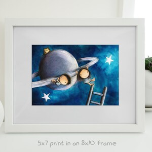 Hanging Out Astronomy art of a cute boy and girl on the planet Saturn. Cute couple kawaii wall décor. Chilling out in space with a cat 5 x 7 inches