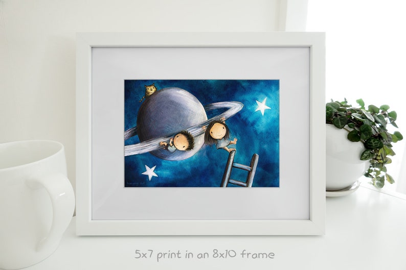 Hanging Out Astronomy art of a cute boy and girl on the planet Saturn. Cute couple kawaii wall décor. Chilling out in space with a cat 5 x 7 inches