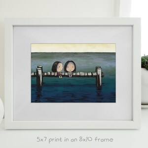 The Jetty. Friendship artwork of a wee girl comforting her friend. I hope she feels better. Sad kawaii artwork of cute girls on an old pier. 5 x 7 inches