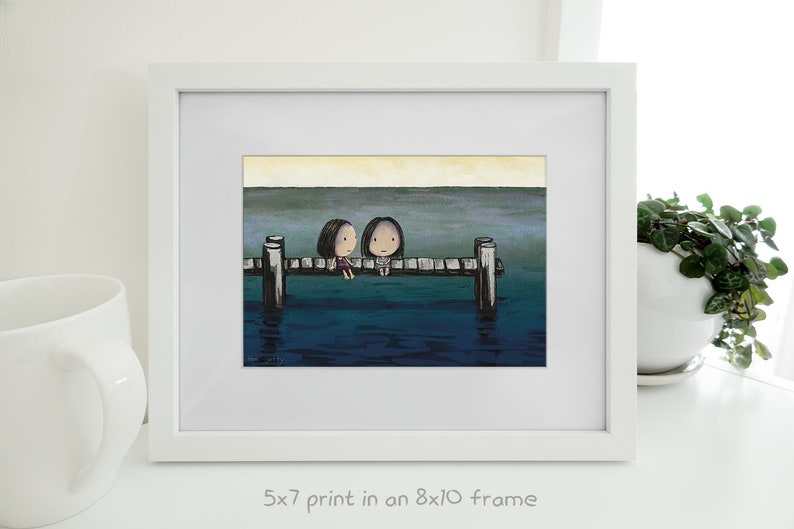 The Jetty. Friendship artwork of a wee girl comforting her friend. I hope she feels better. Sad kawaii artwork of cute girls on an old pier. 5 x 7 inches