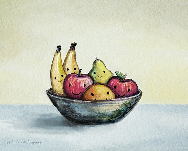 Still Life With Happiness. A Cute Still Life of Fruit Art. in a