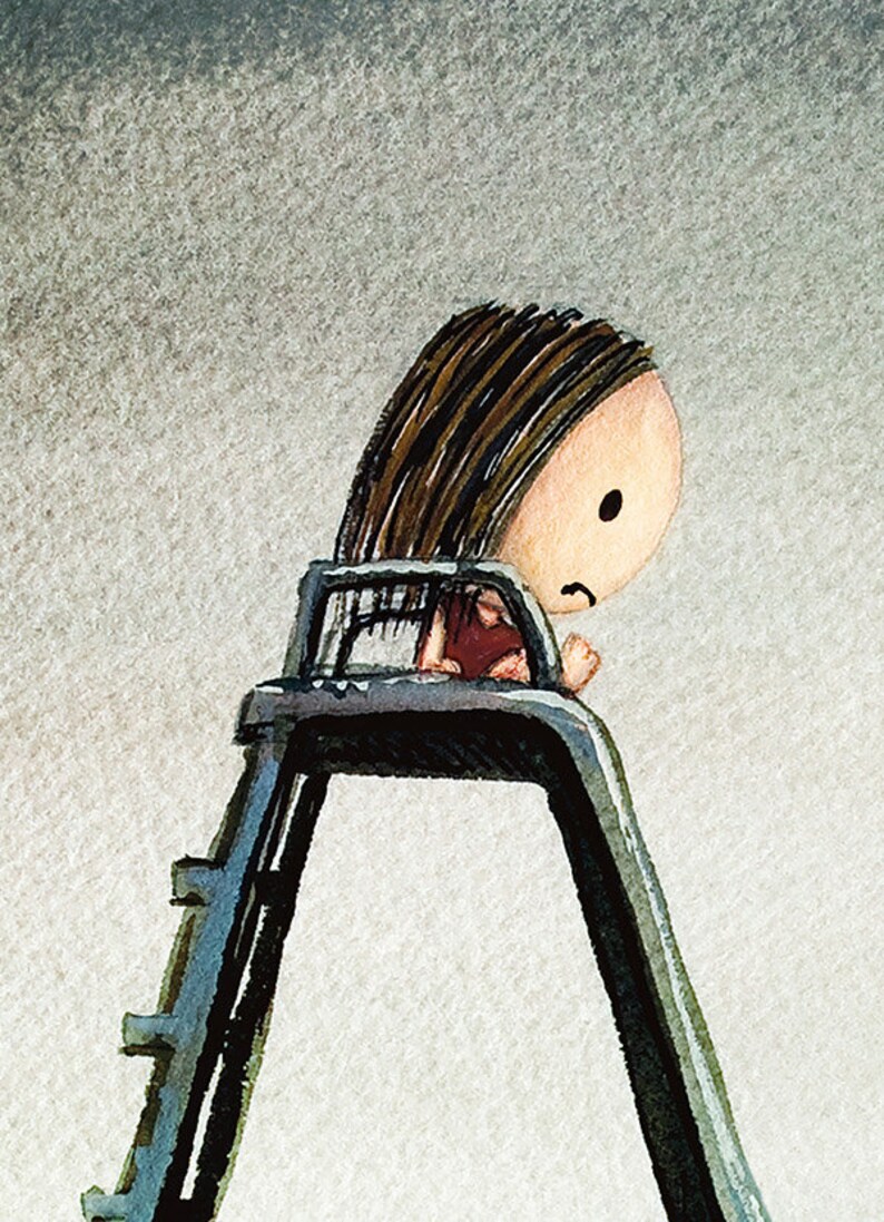 Slide wee girl on a huge slide. Brave girl overcomes fear. The uncertain future faces us all. Whimsical wall art of scared child. image 2