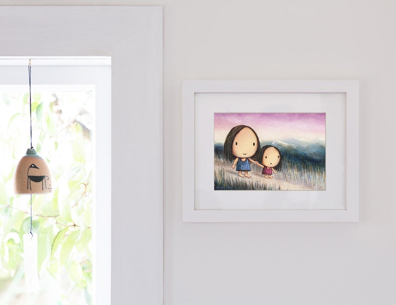 The Way Home. Cute wall décor of a mother and daughter walking together on their way home. An artwork featuring holding hands and walking image 8