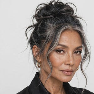 May include: A person with a messy high bun hairstyle featuring dark hair with prominent silver and gray highlights. The hair is styled with loose strands framing the face. The person is wearing small gold hoop earrings and a black collared shirt.