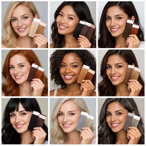 May include: Nine women smiling and holding hair extension swatches in various shades. The swatches are displayed on white cards, showcasing a range of colors from blonde to dark brown and black. The image is well-lit, highlighting the different hair colors.
