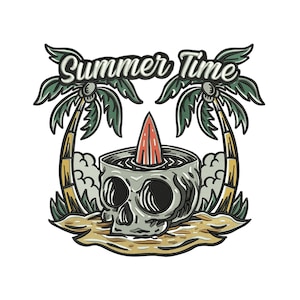 Puede incluir: Ilustración gráfica que presenta una calavera con una tabla de surf en su interior, ambientada en una escena de playa con palmeras. Las palabras "Summer Time" están arqueadas sobre la calavera. El diseño utiliza una paleta de colores gris, naranja, verde y beige.