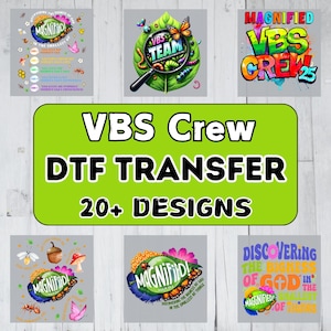 May include: A selection of DTF transfer designs with the text "VBS Crew" and "20+ Designs" on a green background. The designs feature colourful graphics, including butterflies, insects, and the word "Magnified".