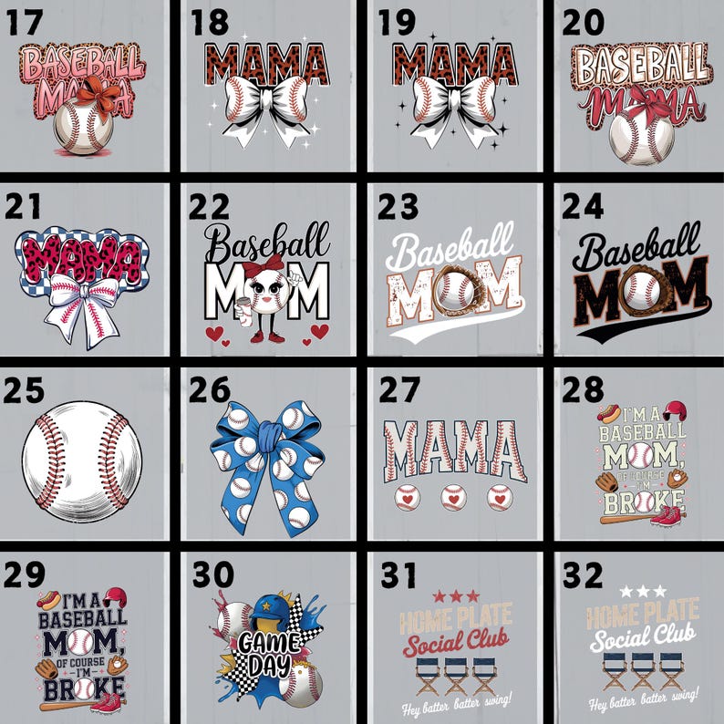 May include: A set of 32 baseball-themed designs featuring various text and images, including baseballs, bows, and the words "Mama", "Baseball Mom", and "Game Day".