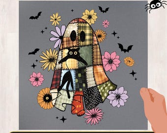 Patchwork Halloween Ghost DTF Transfer, Retro Fall Floral Shirt Iron-On