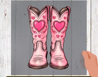 Pink Heart Cowgirl Boots DTF Transfer: Western Iron-On Decal