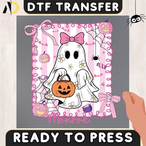 Girly Halloween Ghost DTF Transfer, Coquette Halloween Pumpkin Ghost Iron-On Decal, Cute Fall Heat Press, Pink Coquette Ghost DTF Print
