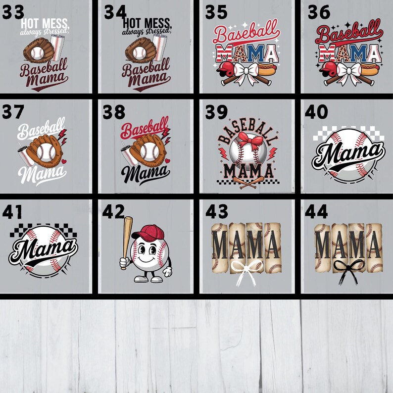 May include: A set of 11 baseball-themed designs featuring the word "Mama" in various styles. The designs include baseballs, bats, gloves, and other baseball-related imagery. The designs are perfect for creating personalized gifts or apparel.